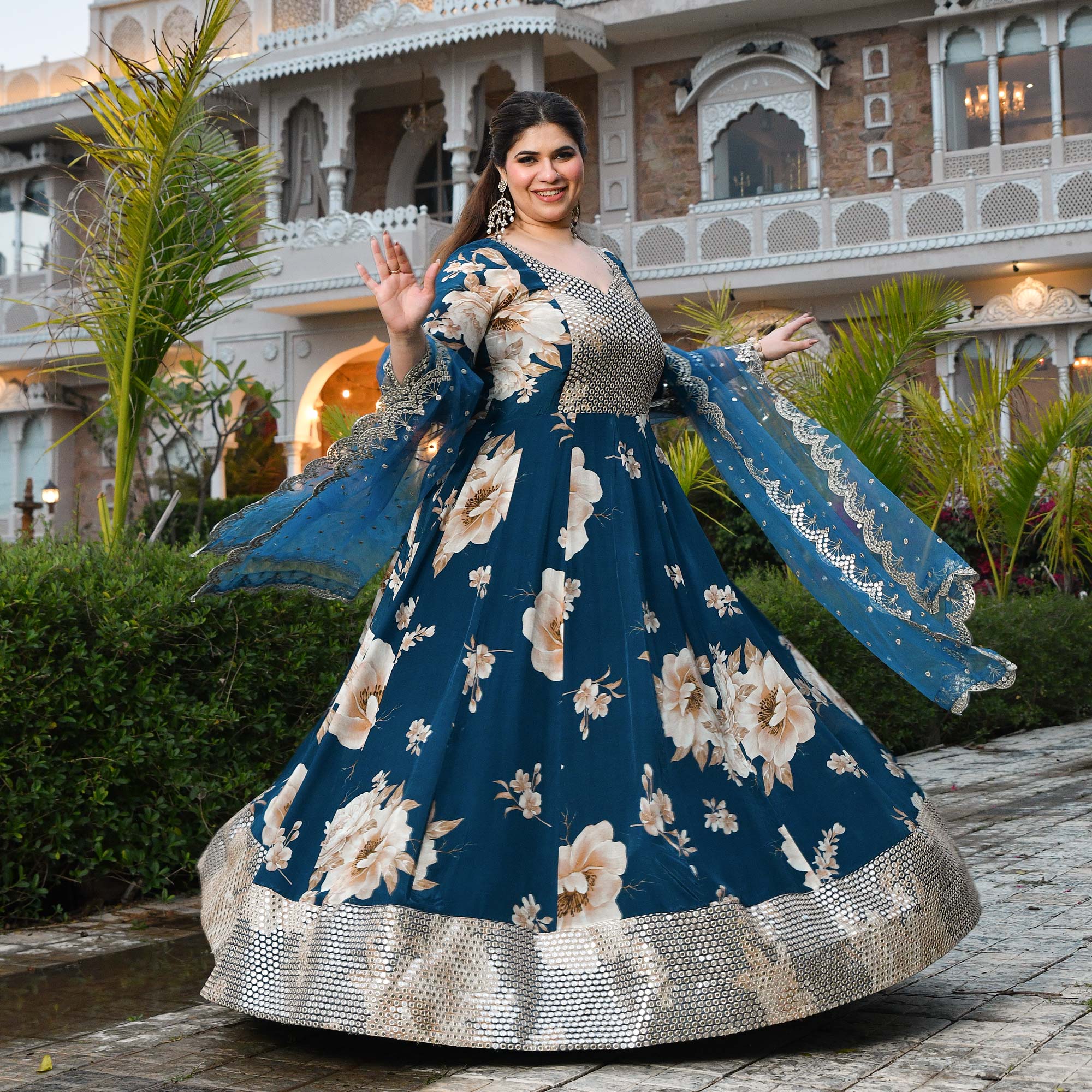Dil Jhoom- Dark Blue Floral Pure Crepe Mirror Embroidered Anarkali Set