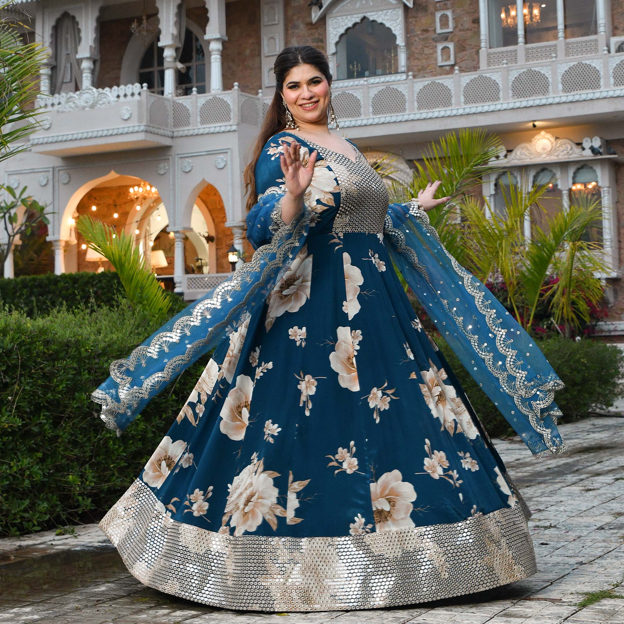 Dil Jhoom- Dark Blue Floral Pure Crepe Mirror Embroidered Anarkali Set