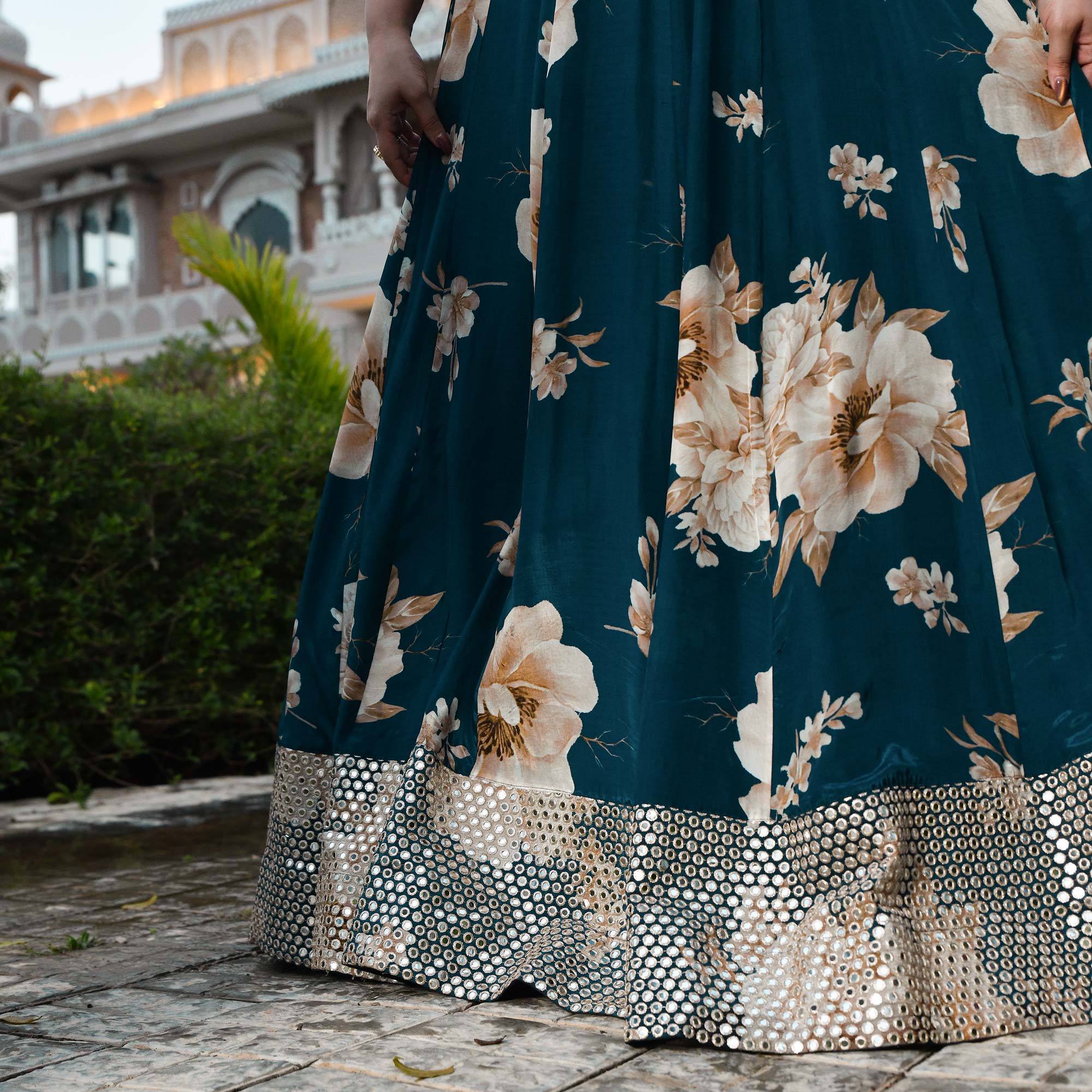 Dil Jhoom- Dark Blue Floral Pure Crepe Mirror Embroidered Anarkali Set