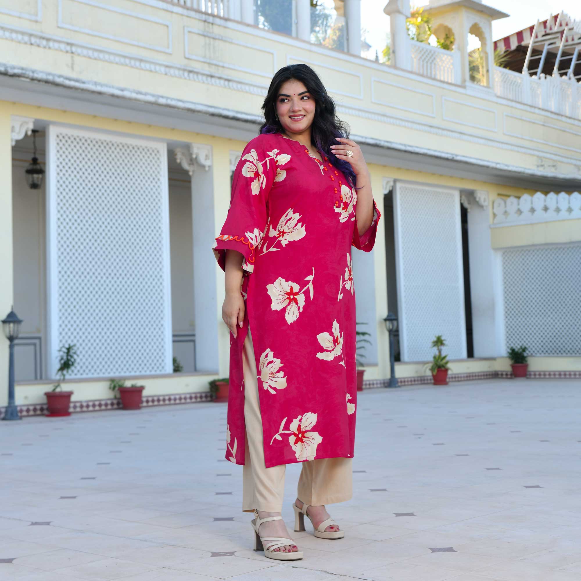 Camellia- Deep Pink Floral Print Rayon Kurta