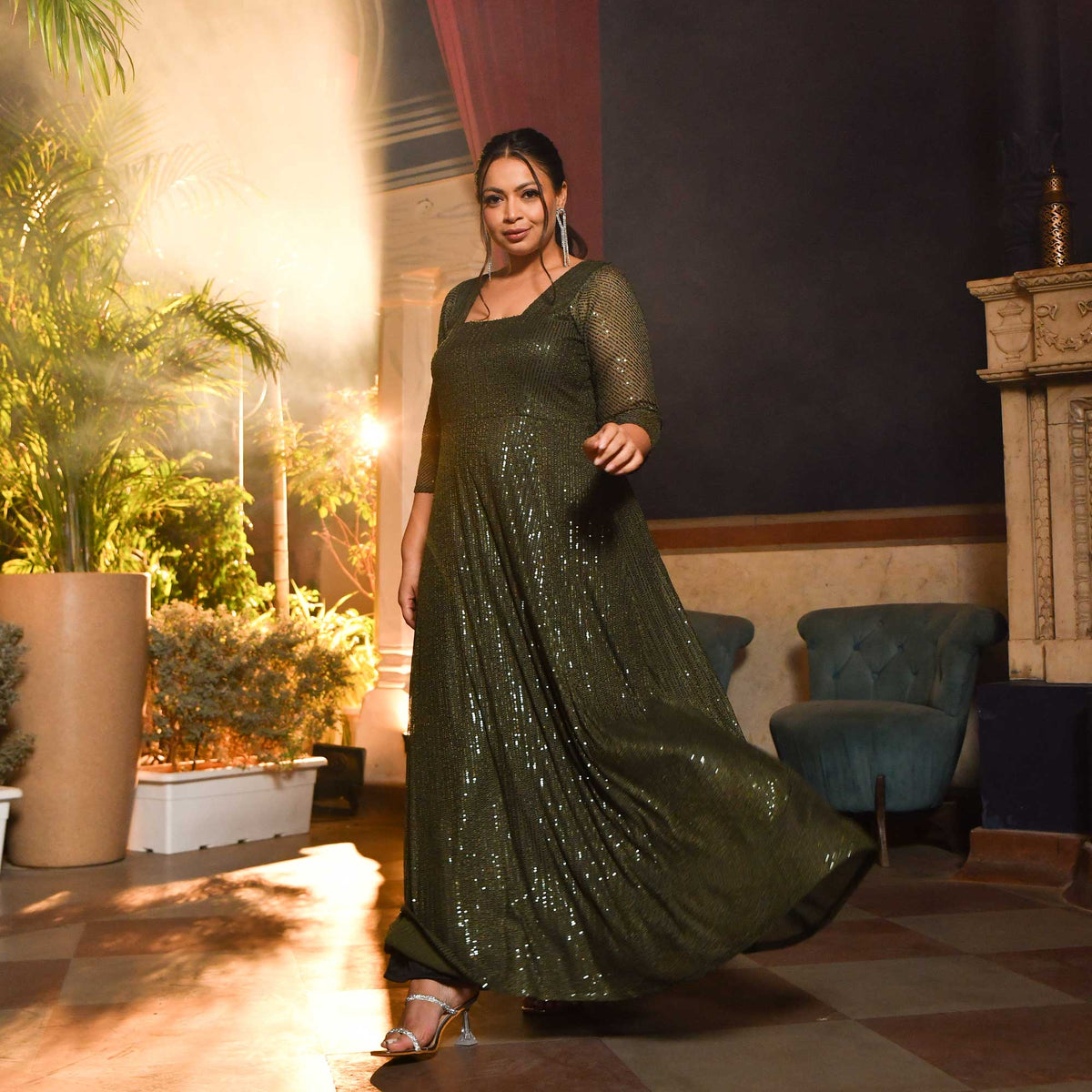 A-Line Pleated Tulle Floor-Length Dress Olive Green Plus Size