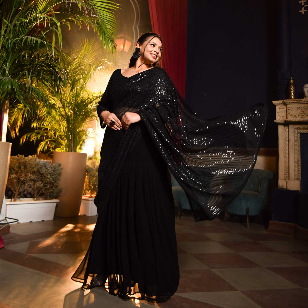 Black Sequin Drape Saree Set main image 0