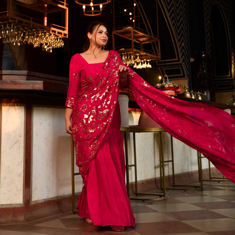 Sizzling Rose Glam Sequin Embroidered Drape Saree