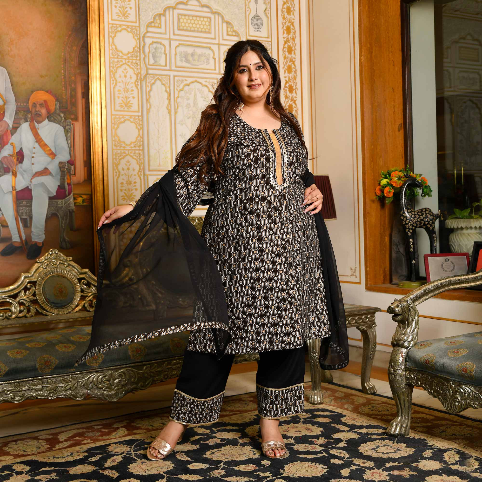 Jogi- Black & Gold Sequin Embroidered Cotton Suit Set