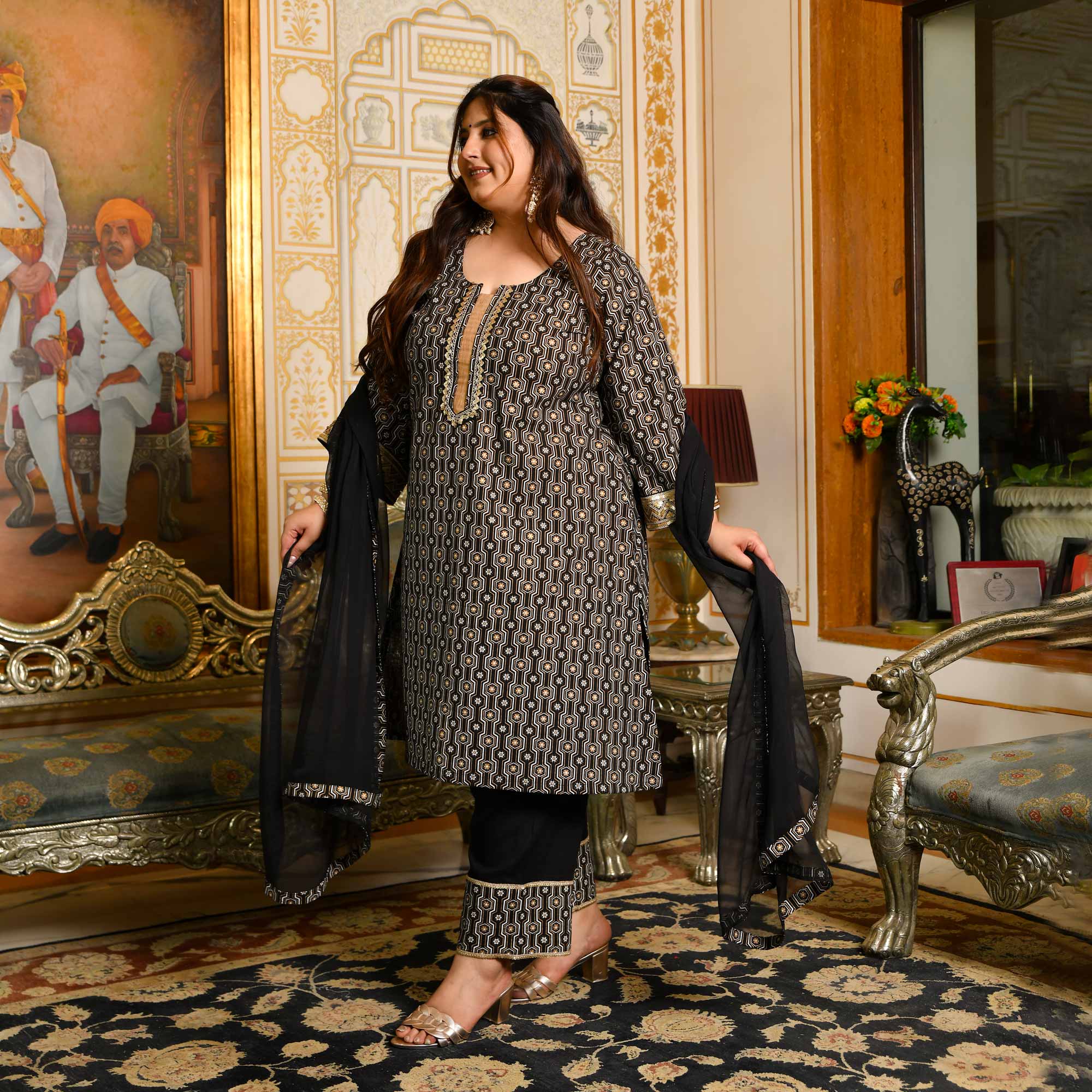 Jogi- Black & Gold Sequin Embroidered Cotton Suit Set