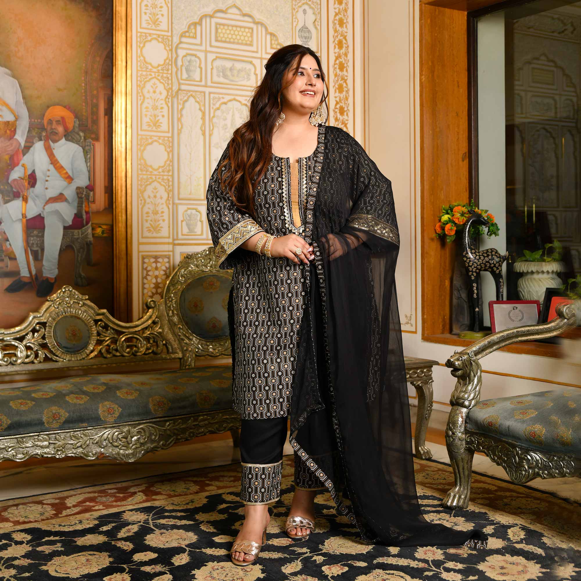 Jogi- Black & Gold Sequin Embroidered Cotton Suit Set