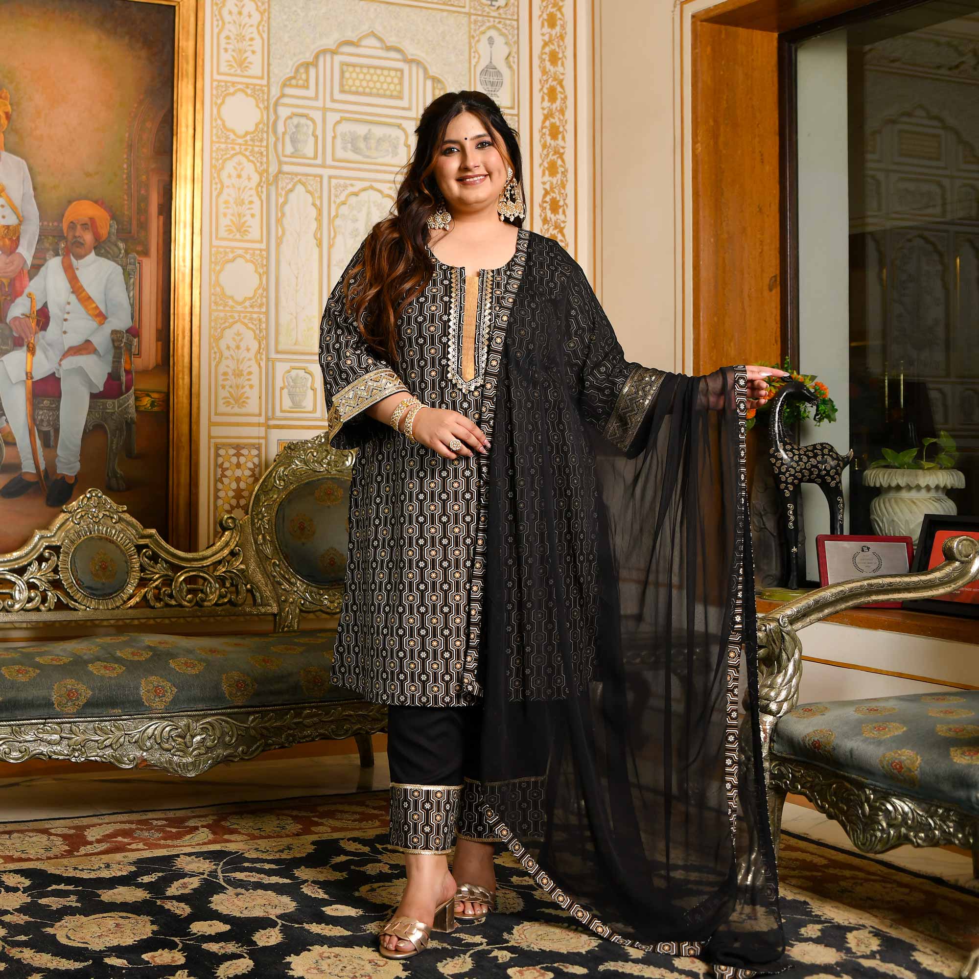 Jogi- Black & Gold Sequin Embroidered Cotton Suit Set