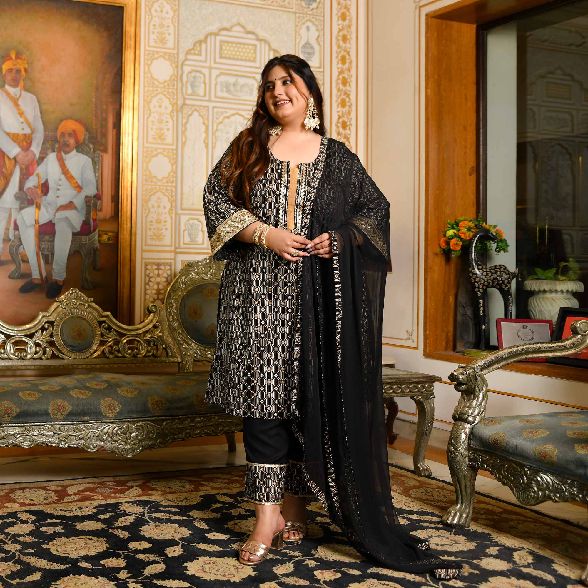 Jogi- Black & Gold Sequin Embroidered Cotton Suit Set