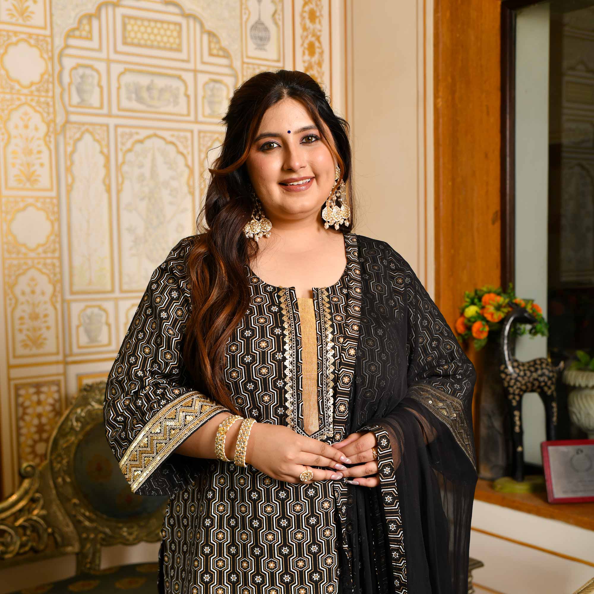 Jogi- Black & Gold Sequin Embroidered Cotton Suit Set