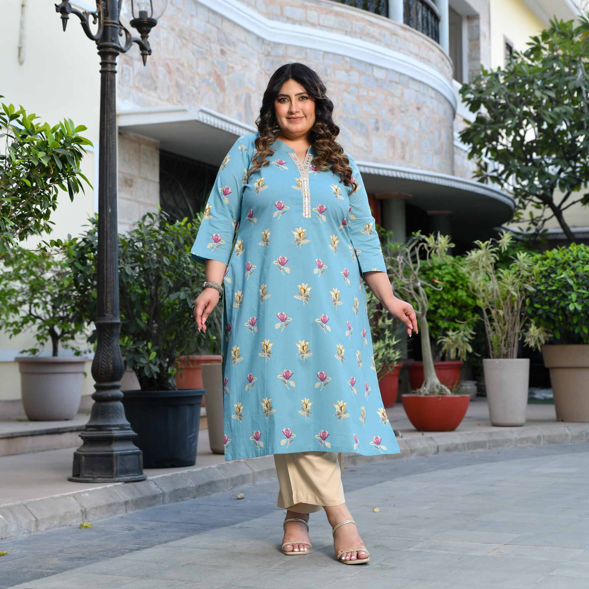 Ocean Scoop- Sky Blue Floral Printed Pure Cotton Kurta