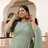 Pastel Green Scalloped Sequin Drape Saree Set