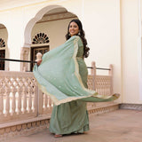 Pastel Green Scalloped Sequin Drape Saree Set