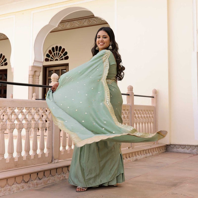 Pastel Green Scalloped Sequin Drape Saree Set