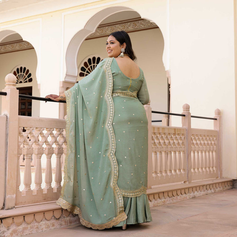 Pastel Green Scalloped Sequin Drape Saree Set