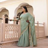 Pastel Green Scalloped Sequin Drape Saree Set