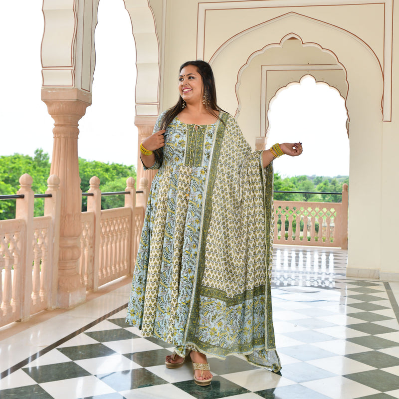 Celestial Bloom Floral Cotton Anarkali Set