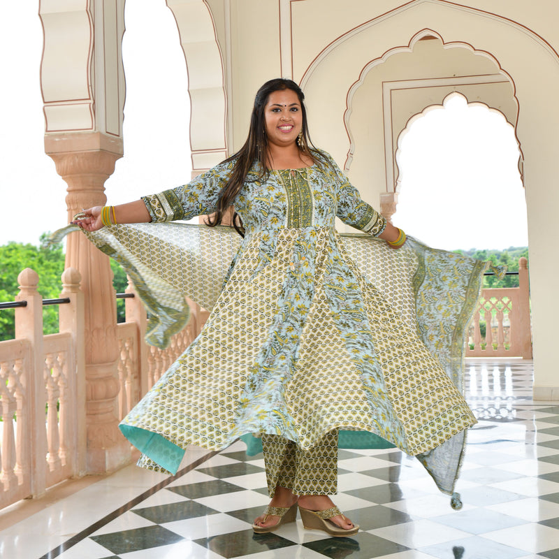 Celestial Bloom Floral Cotton Anarkali Set