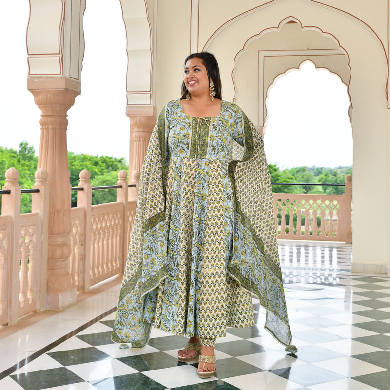 Celestial Bloom Floral Cotton Anarkali Set