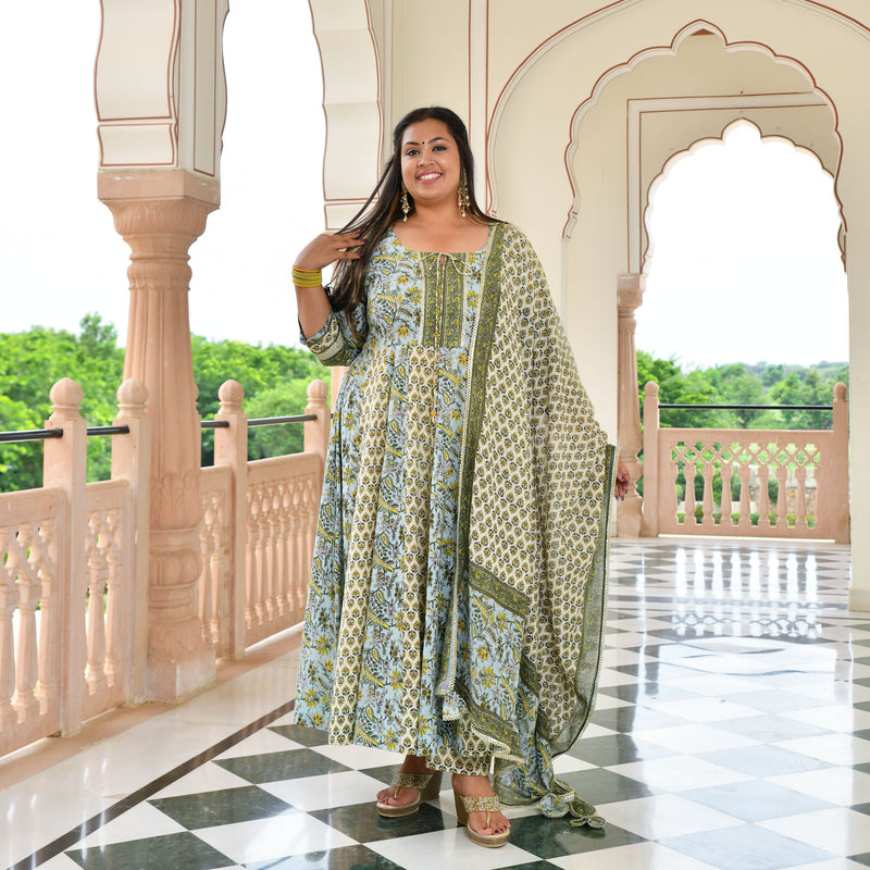 Celestial Bloom Floral Cotton Anarkali Set