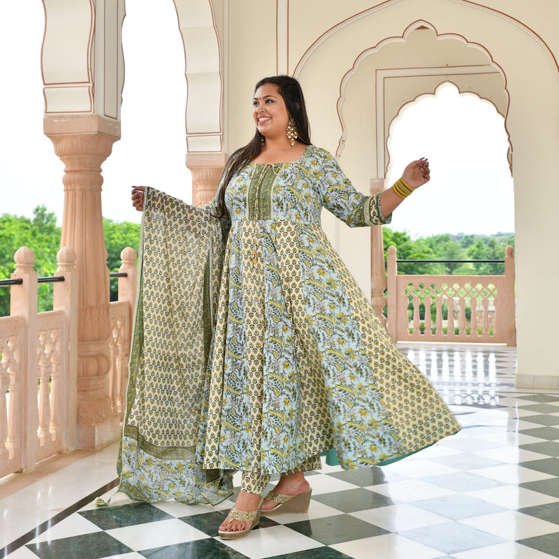 Celestial Bloom Floral Cotton Anarkali Set