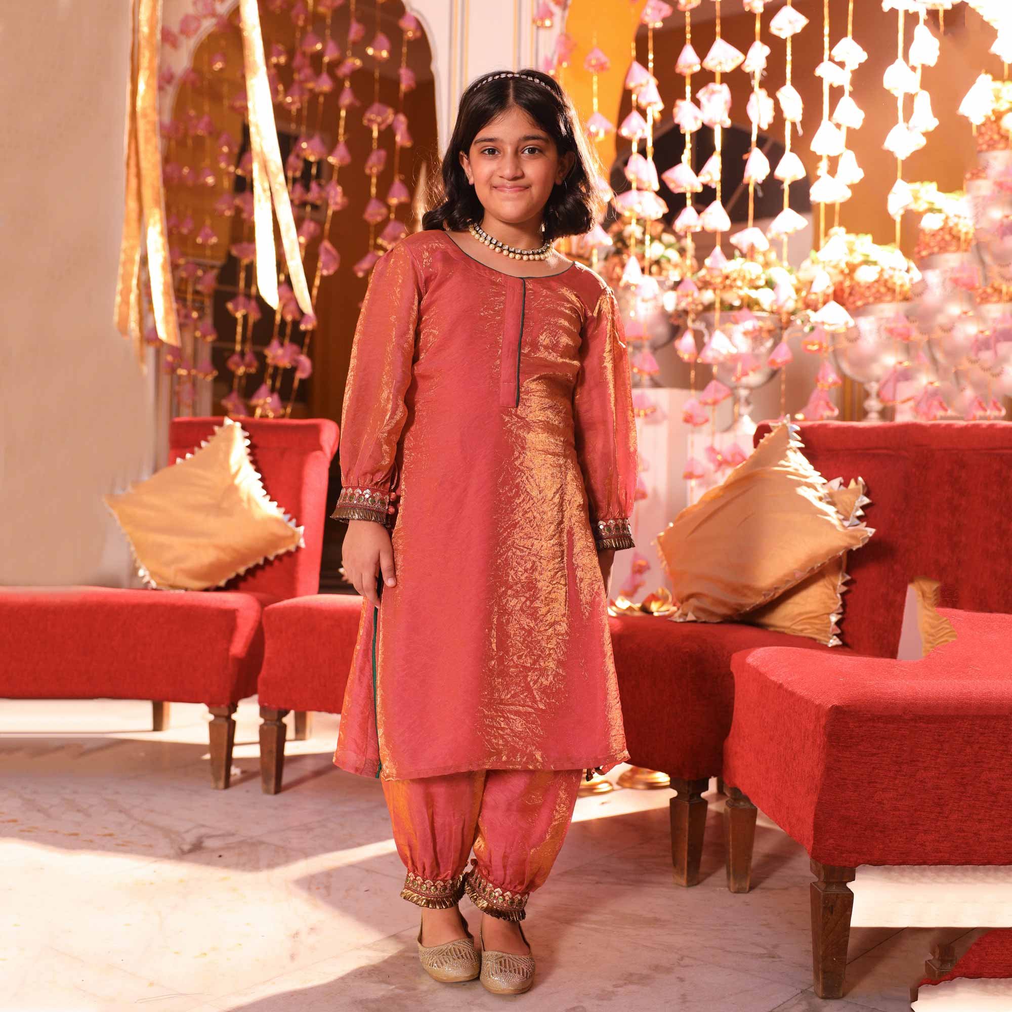 Luxe Red Kids Tissue Kurta Pant Set