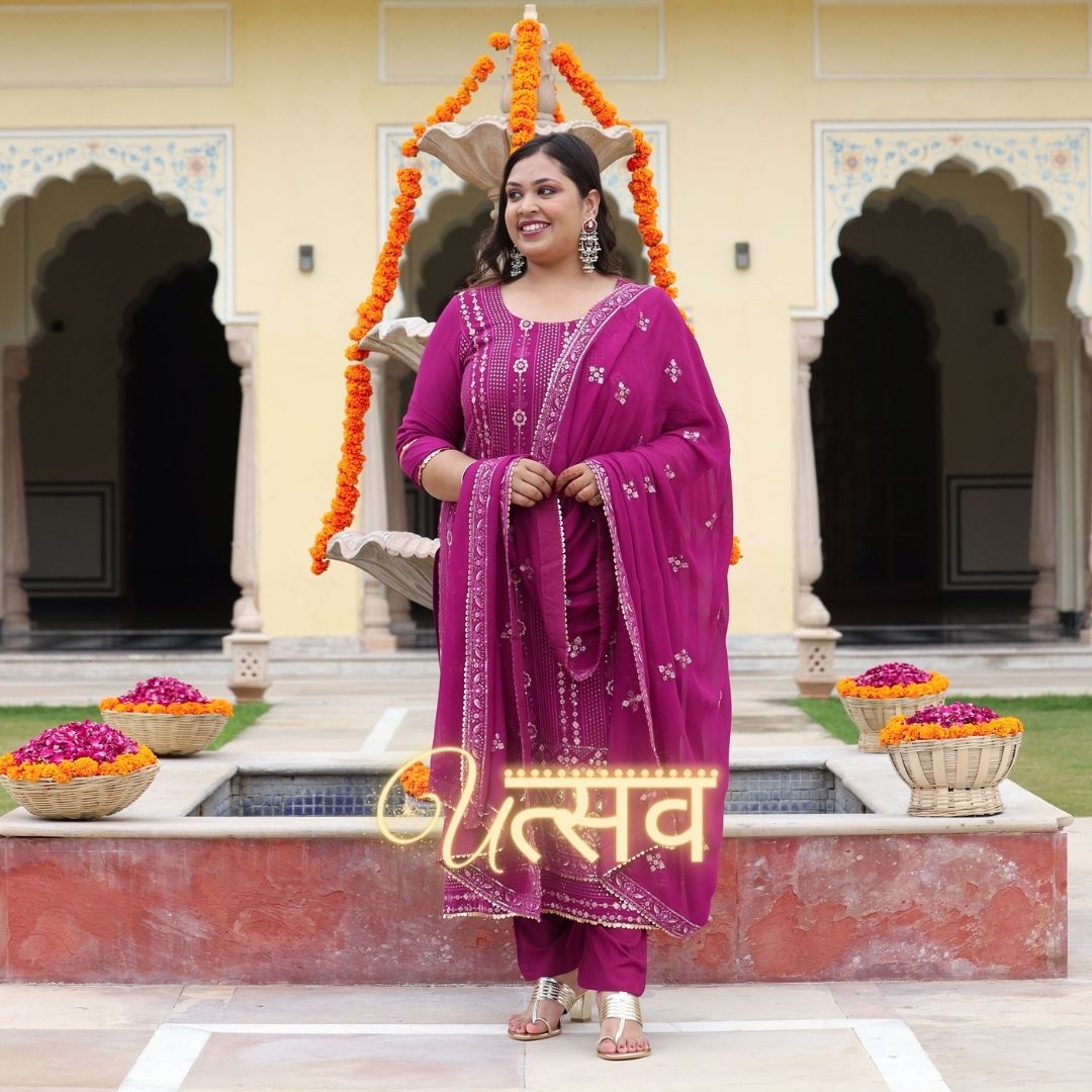 Mulberry Purple Thread & Sequine Embroidered Pure Georgette Suit Set