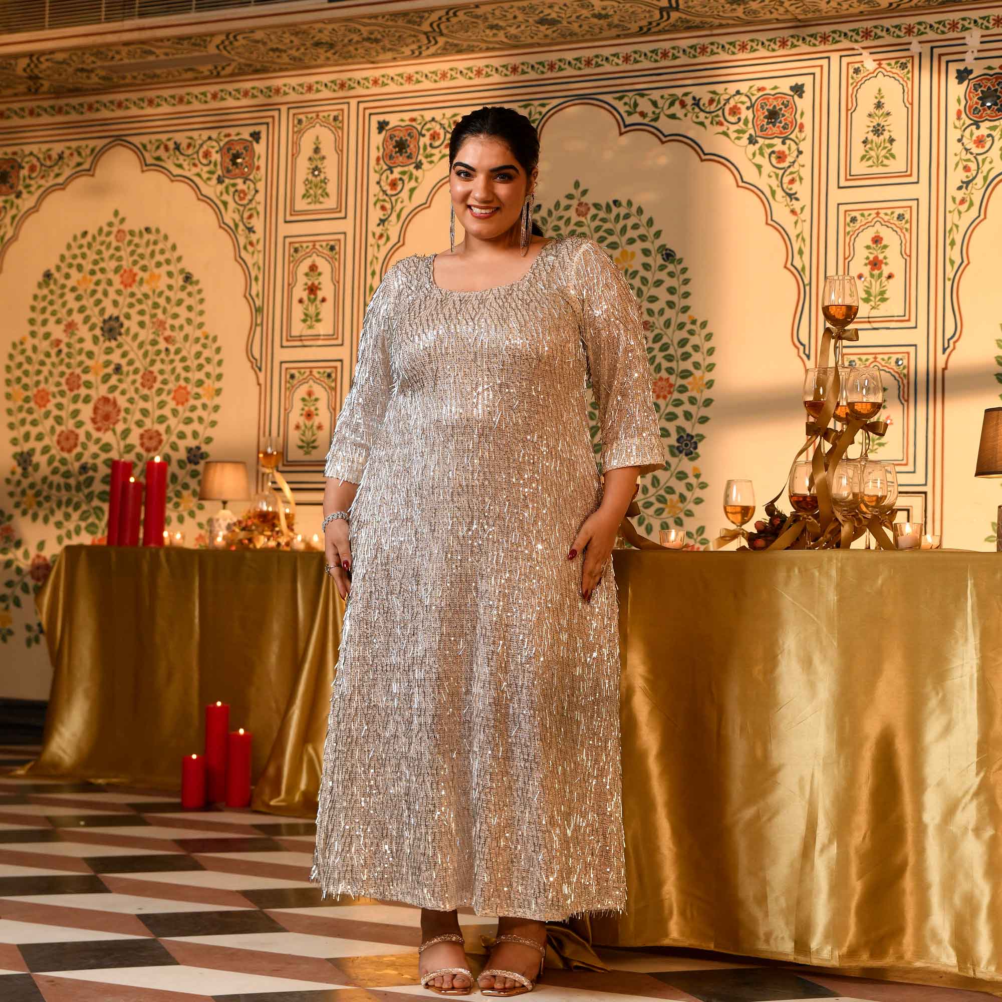 Platinum- Silver Sequin Embellished Stretchable Lycra Net Dress