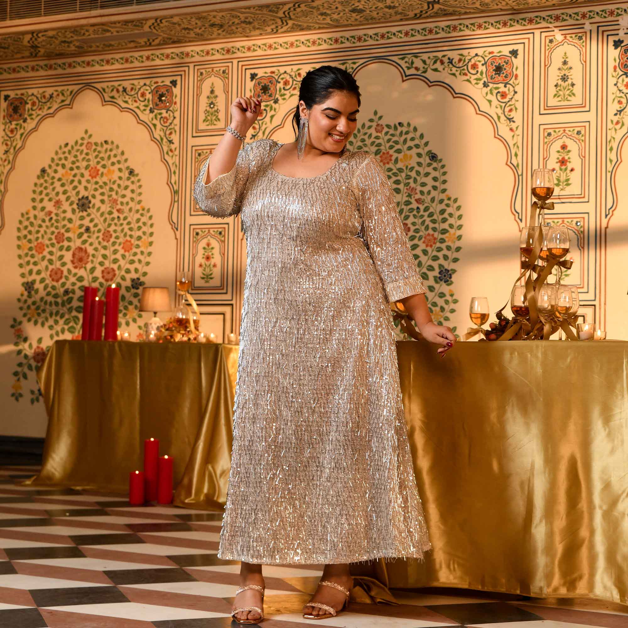 Platinum- Silver Sequin Embellished Stretchable Lycra Net Dress