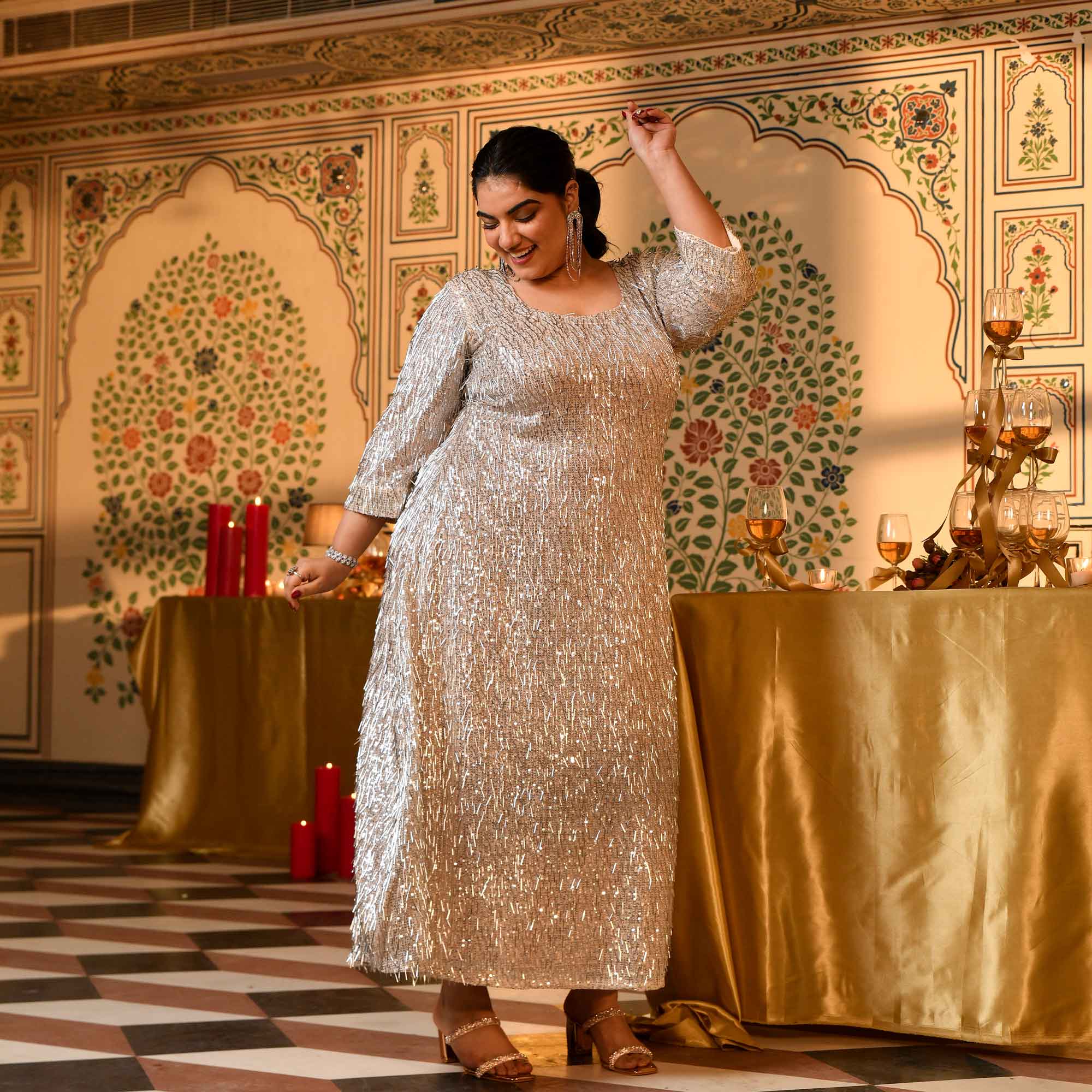 Platinum- Silver Sequin Embellished Stretchable Lycra Net Dress