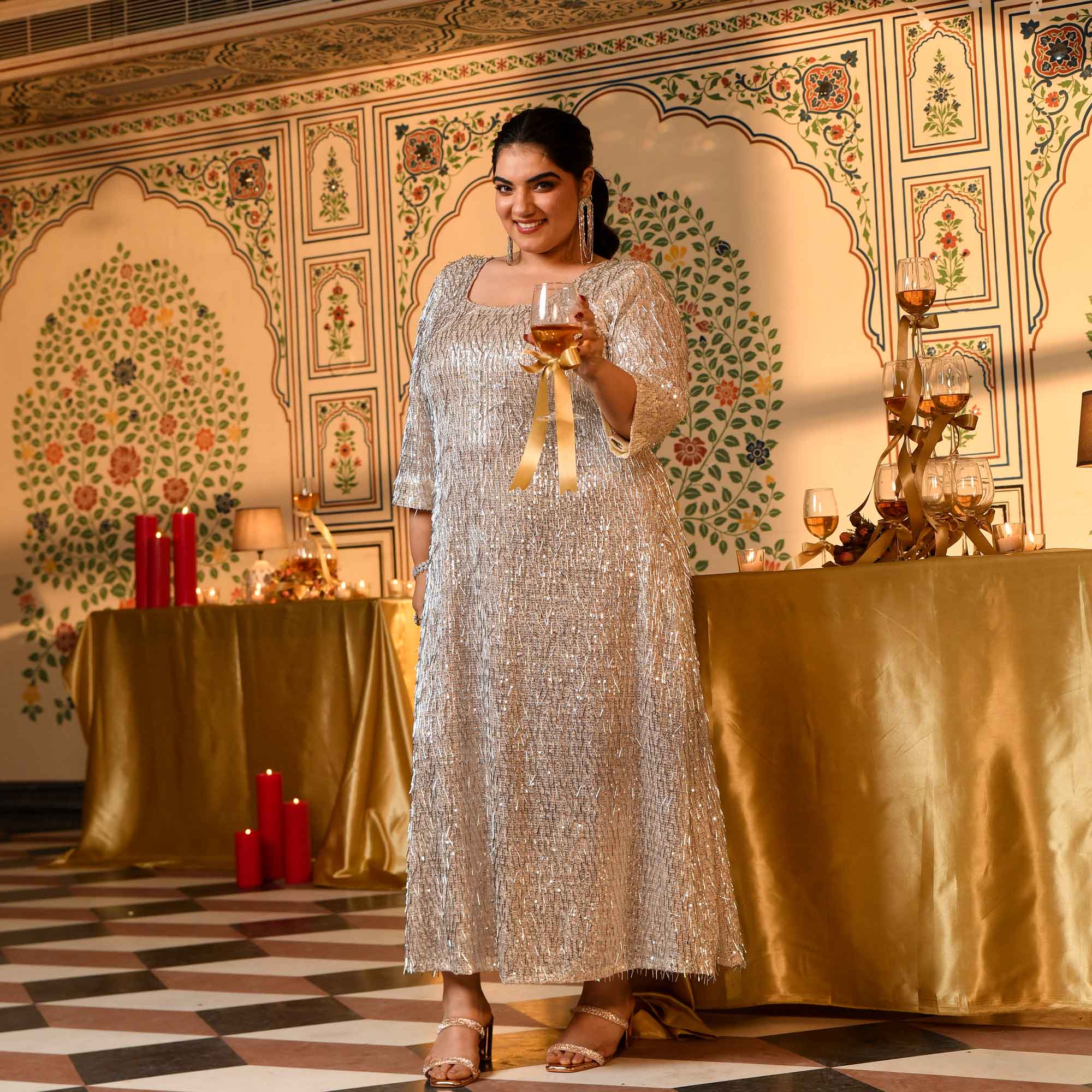 Platinum- Silver Sequin Embellished Stretchable Lycra Net Dress