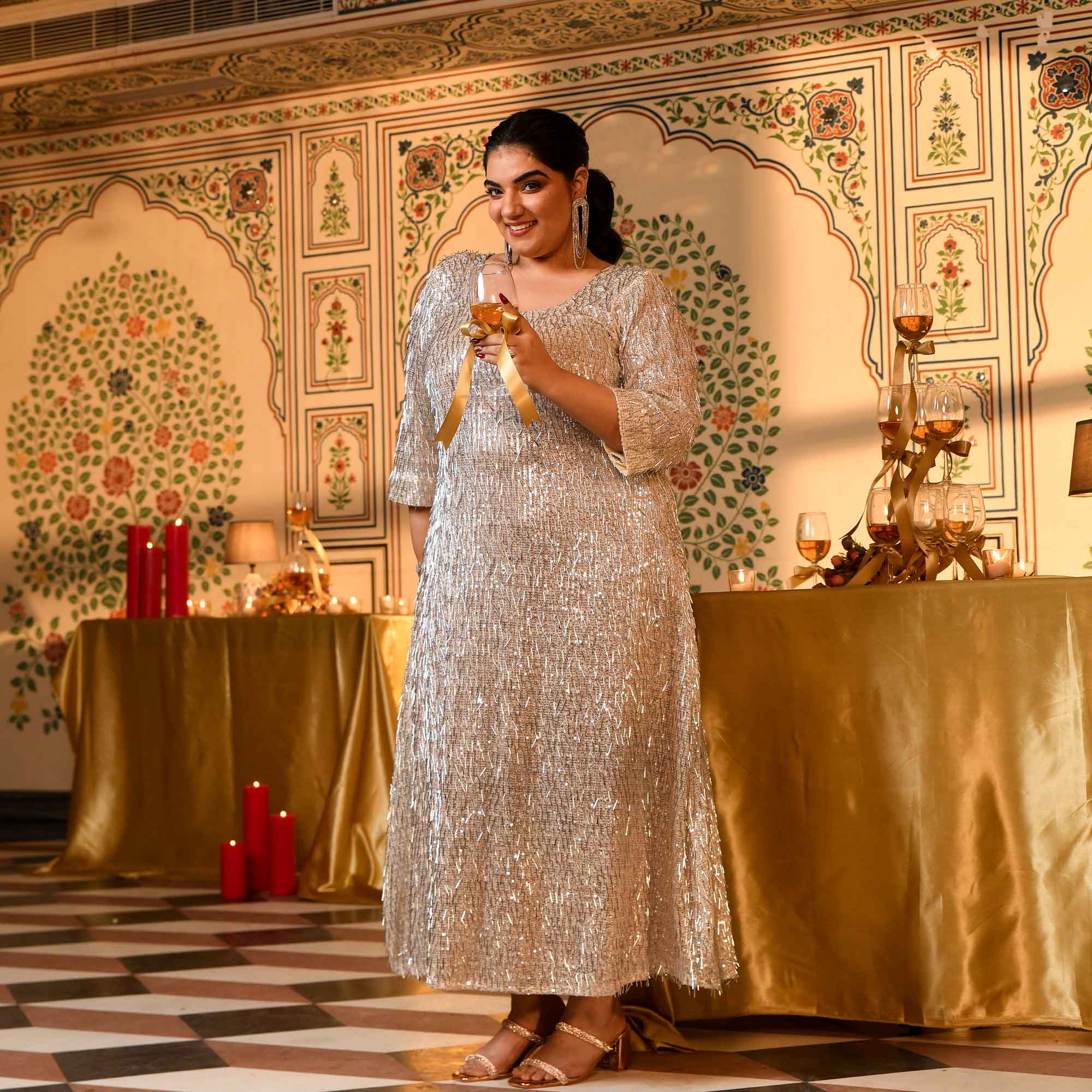 Platinum- Silver Sequin Embellished Stretchable Lycra Net Dress