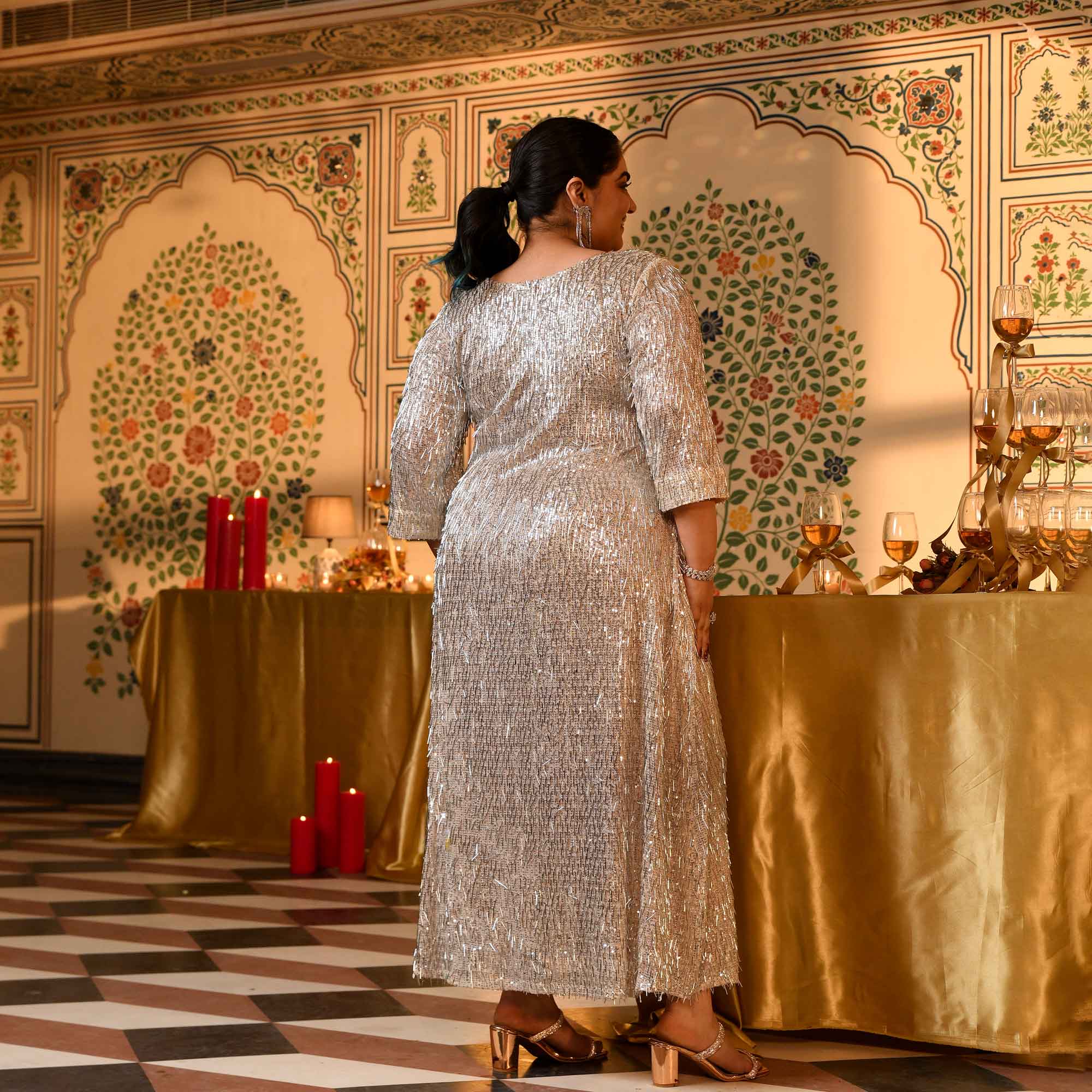 Platinum- Silver Sequin Embellished Stretchable Lycra Net Dress