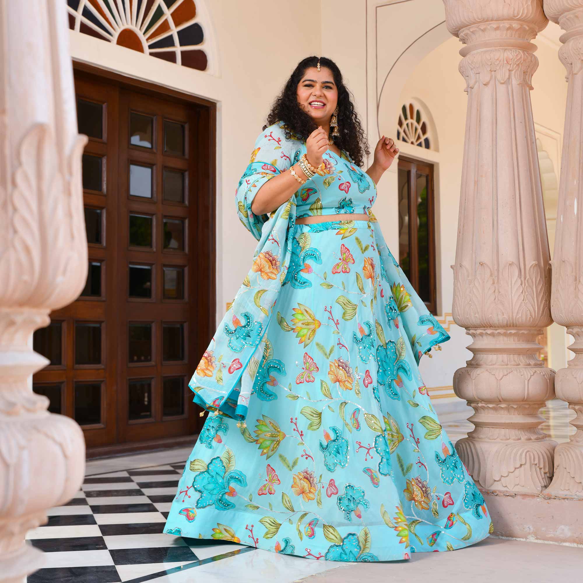 Dreamy Sky Floral Sequin Embroidered Pure Organza Lehenga Set