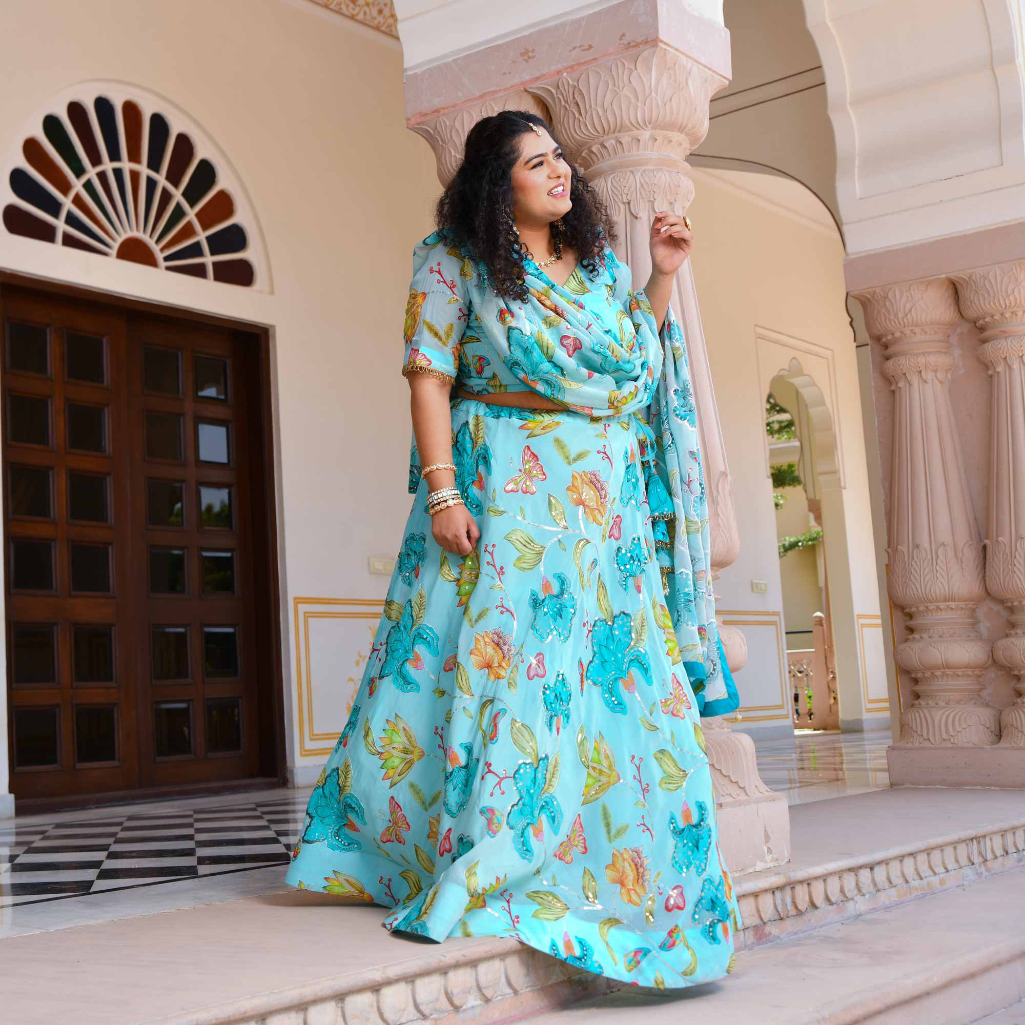 Dreamy Sky Floral Sequin Embroidered Pure Organza Lehenga Set