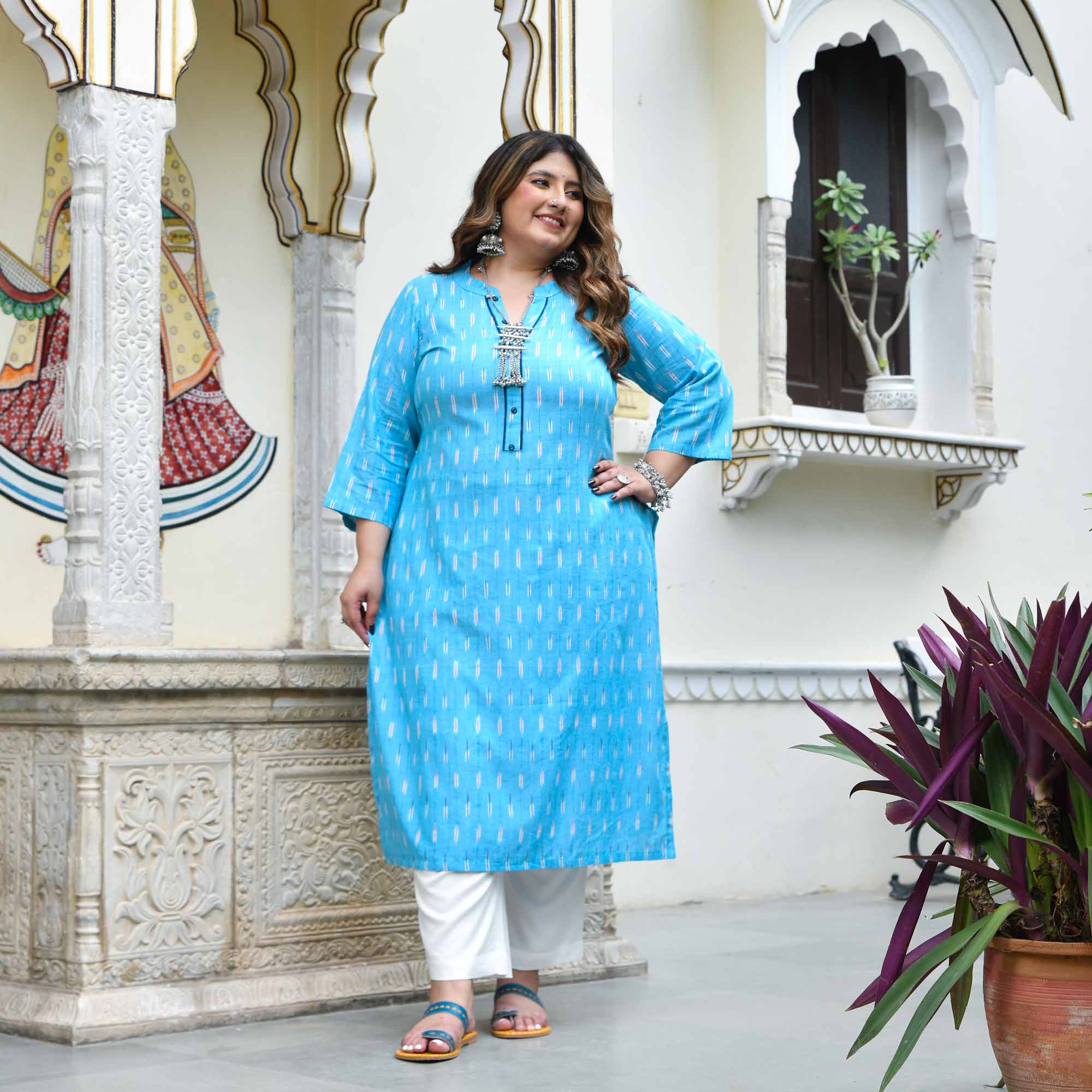 Megh- Sky Blue Ikat Handwoven Organic Cotton Kurta