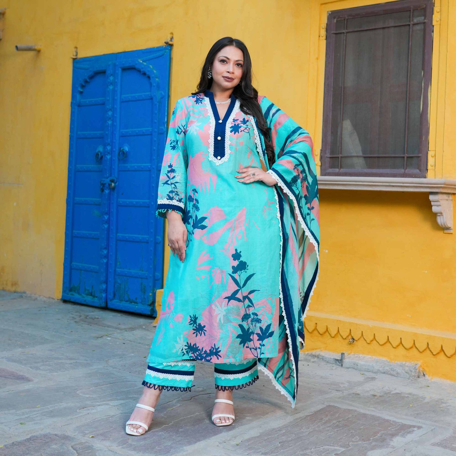 Aqua Petal Kurtha Suit Set