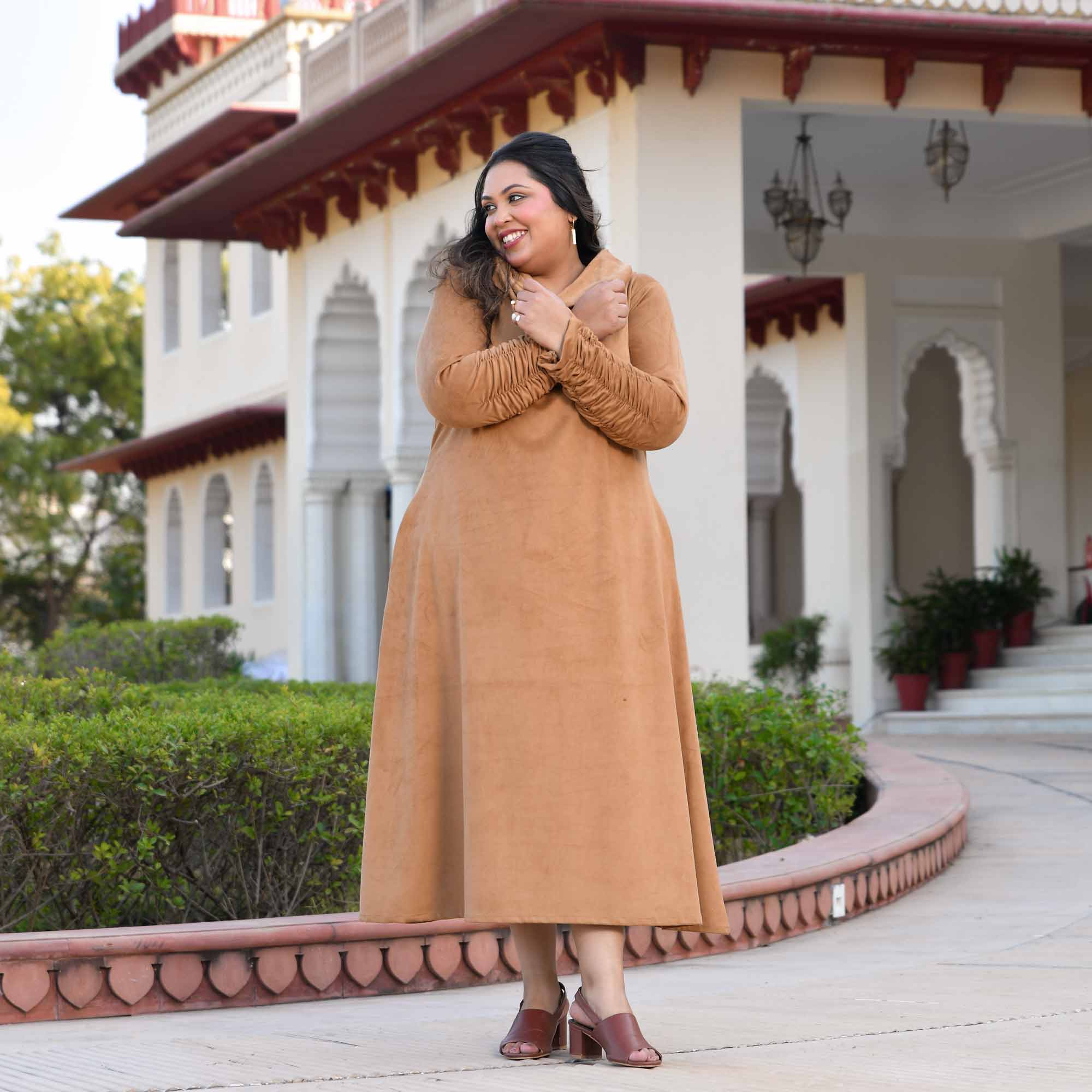 Mochaccino- Woollen Beige Fleece Brushed Aline Cowl Dress