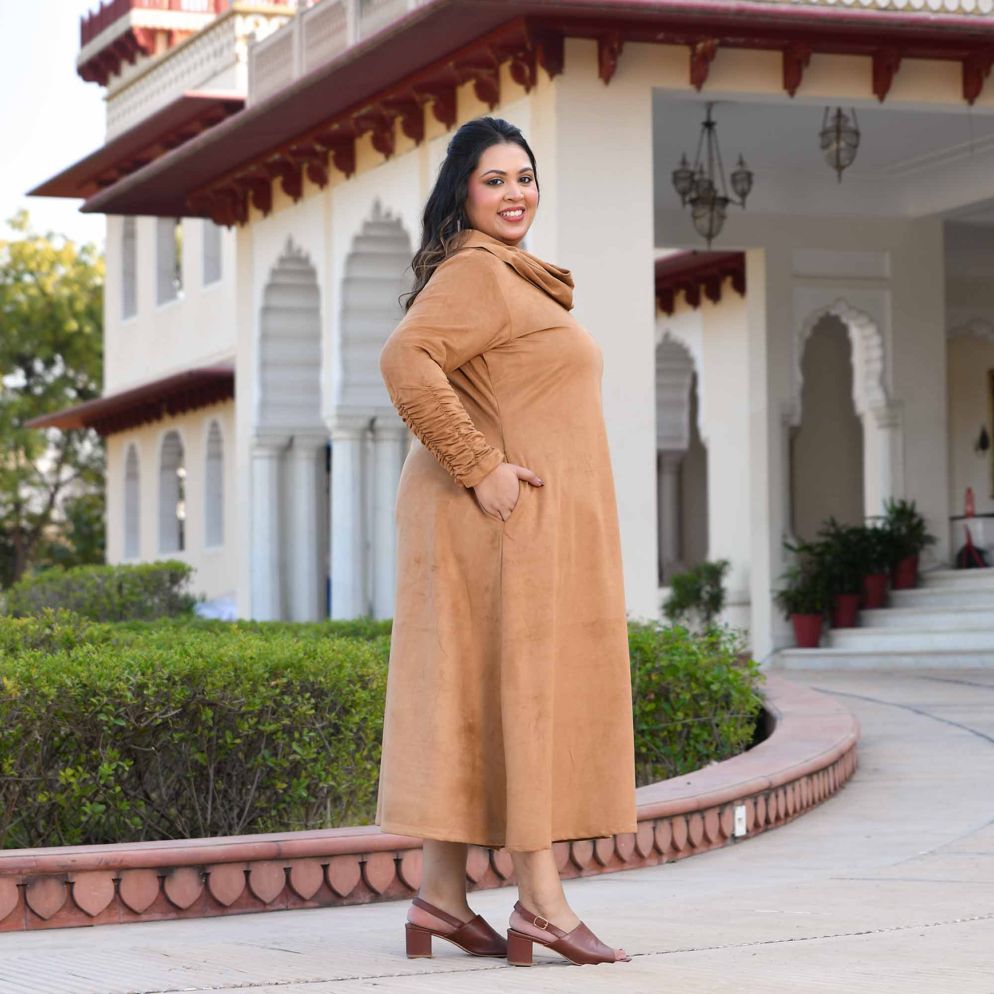 Mochaccino- Woollen Beige Fleece Brushed Aline Cowl Dress