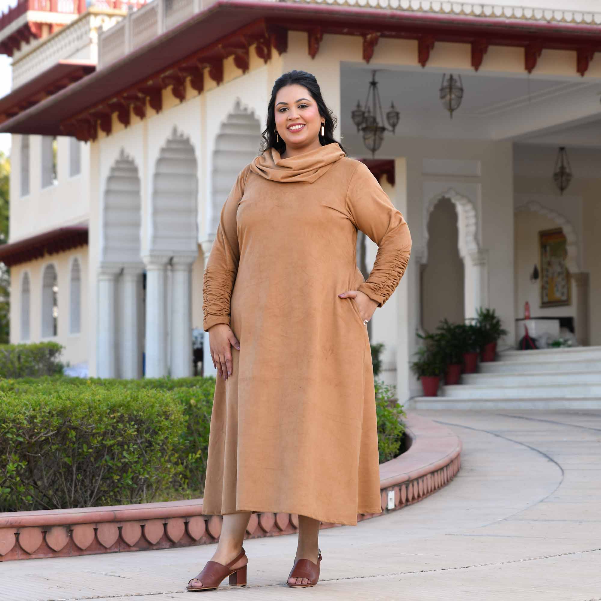 Mochaccino- Woollen Beige Fleece Brushed Aline Cowl Dress