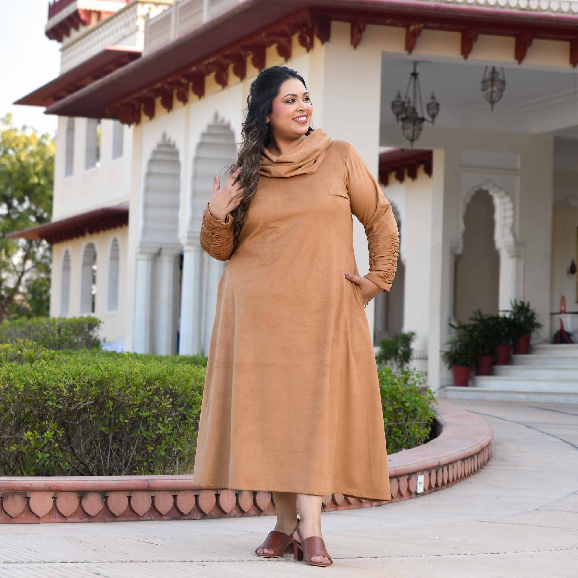 Mochaccino- Woollen Beige Fleece Brushed Aline Cowl Dress