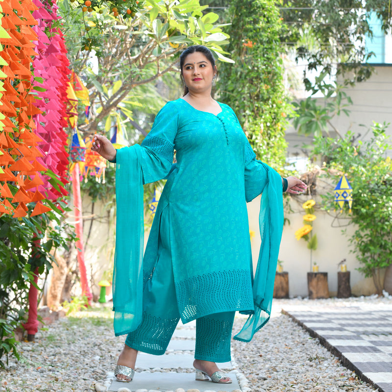 Samundar Sa Neela Handblock Printed Chikankari Suit Set