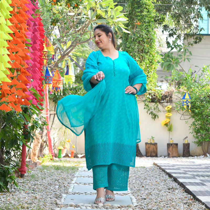 Samundar Sa Neela Handblock Printed Chikankari Suit Set