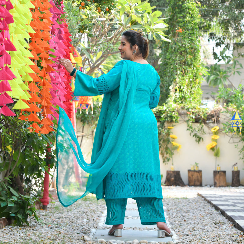 Samundar Sa Neela Handblock Printed Chikankari Suit Set
