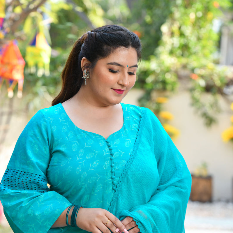 Samundar Sa Neela Handblock Printed Chikankari Suit Set