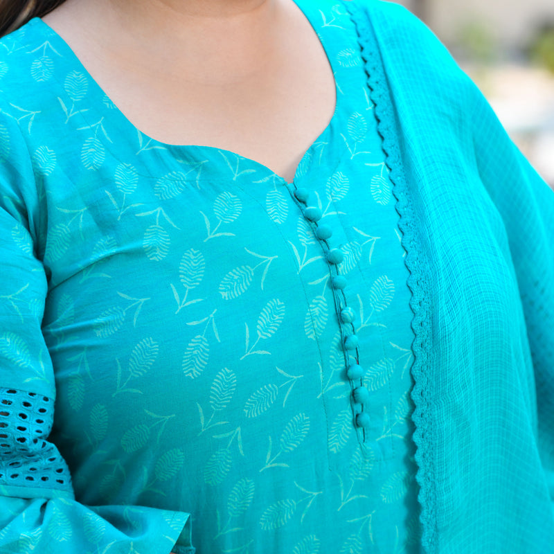 Samundar Sa Neela Handblock Printed Chikankari Suit Set