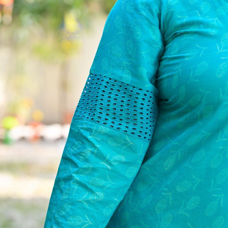 Samundar Sa Neela Handblock Printed Chikankari Suit Set