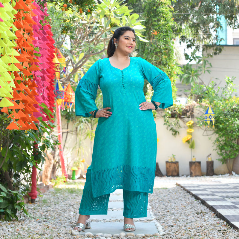 Samundar Sa Neela Handblock Printed Chikankari Suit Set