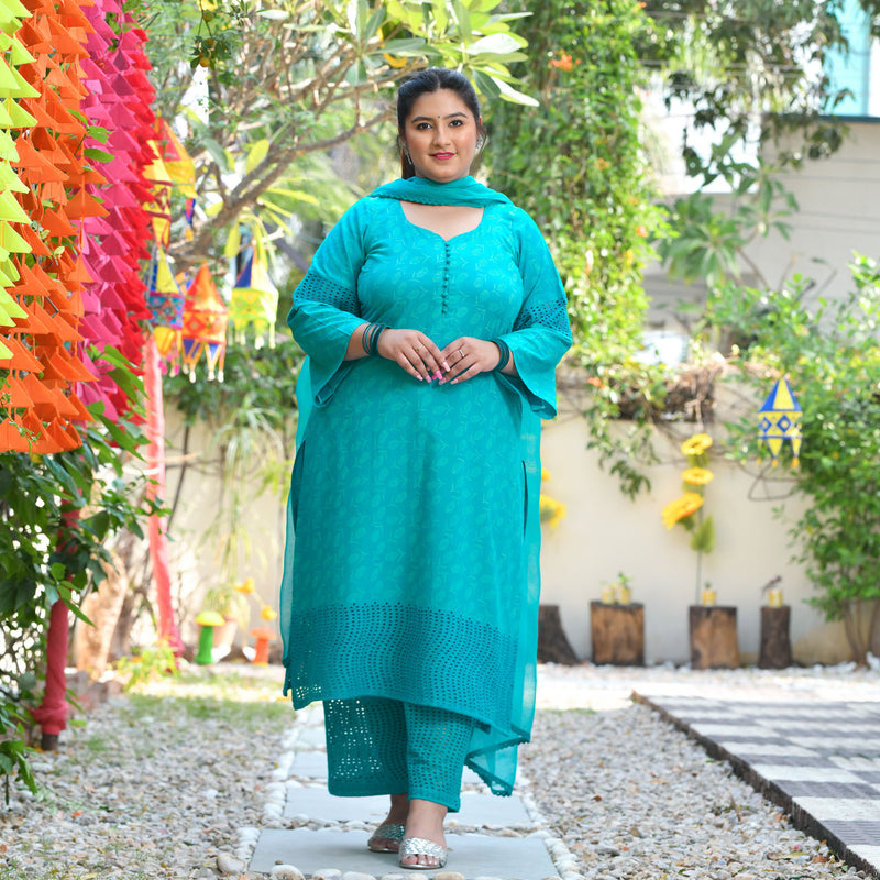 Samundar Sa Neela Handblock Printed Chikankari Suit Set