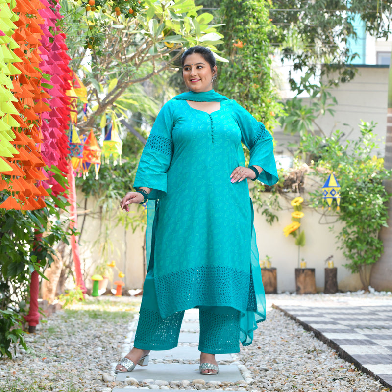 Samundar Sa Neela Handblock Printed Chikankari Suit Set