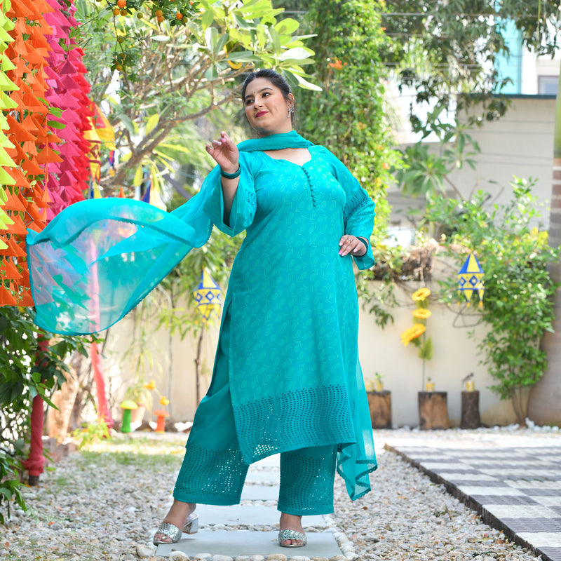 Samundar Sa Neela Handblock Printed Chikankari Suit Set